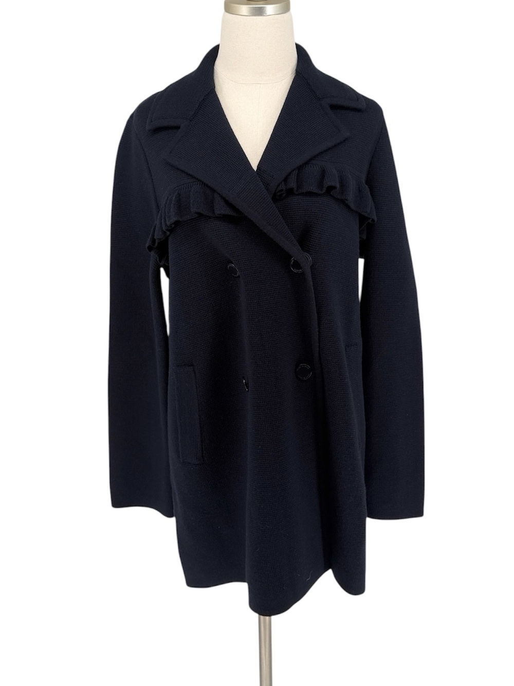 Tory Burch Navy Blue Ruffle Trim Double Breasted Wool Blend Knit Blazer Jacket M
